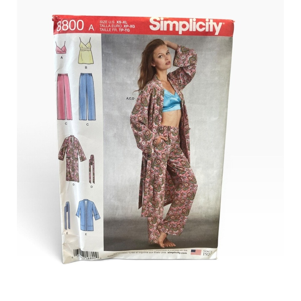 Simplicity Sewing Pattern Misses XS-XL Robe Pants Bra Top 8800 Loungewear